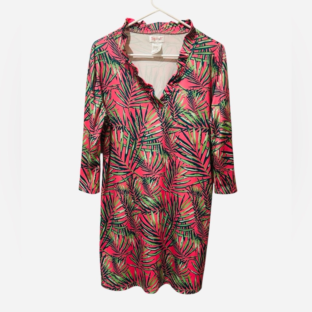 Pink and Green Tropical Midi Dress with Palm Leaf Print